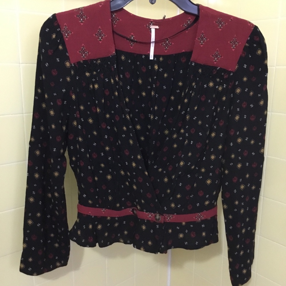 free people black & red faux wrap blouse fitted waist  sz. s